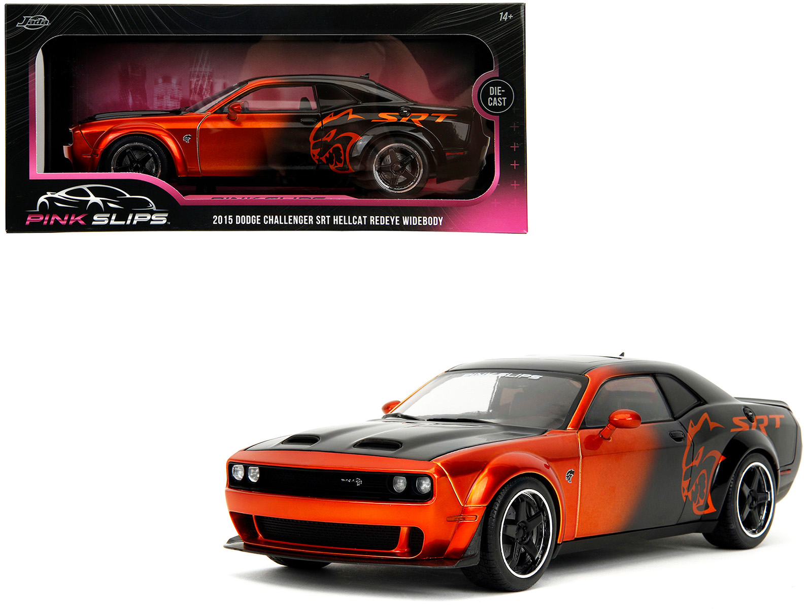 Dodge Challenger SRT Hellcat Orange Metallic and Black "Pink Slips" Series 1/18 Diecast Model Car by Jada