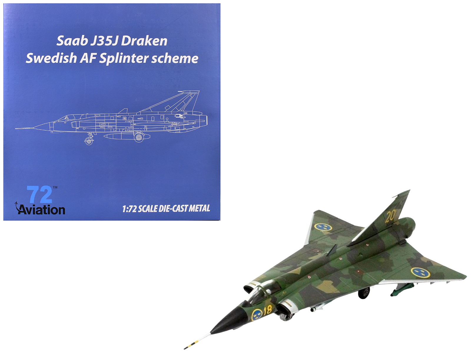 Saab J35J Draken Fighter Aircraft "Splinter Camouflage Scheme F 18 Sodertorn Wing" (1972) Swedish Air Force 1/72 Diecast Model Airplane by Aviation 72