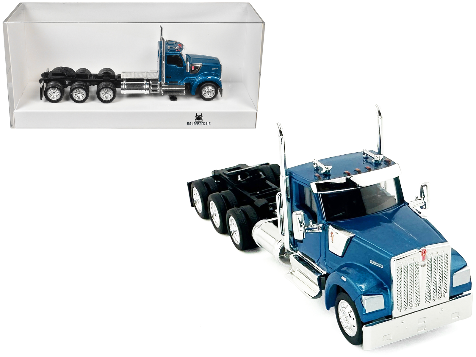 Kenworth W990 3-Axel Day Cab Blue Metallic 1/87 (HO) Plastic Model Car by HO Logistics