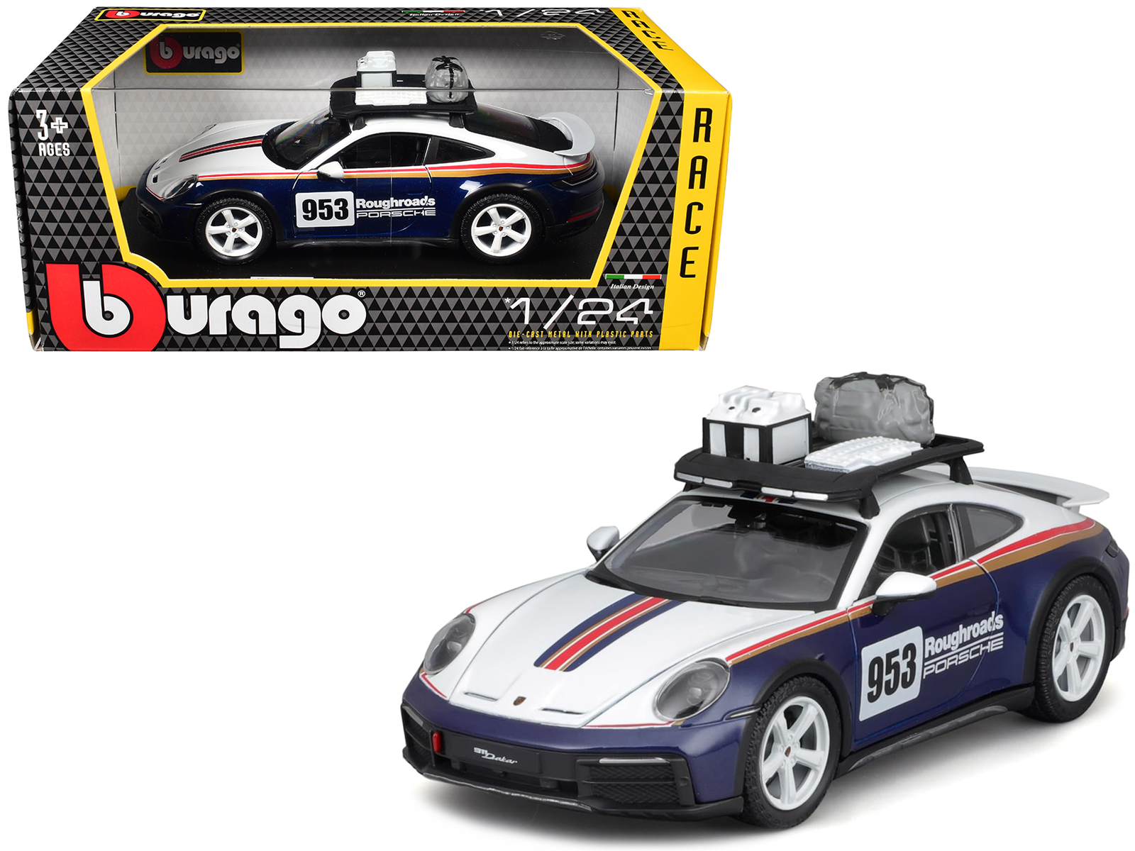 Porsche 911 Dakar #953 "Roughroads Porsche" Blue and White with Stripes and Roof Rack "Race" Series 1/24 Diecast Model Car by Bburago