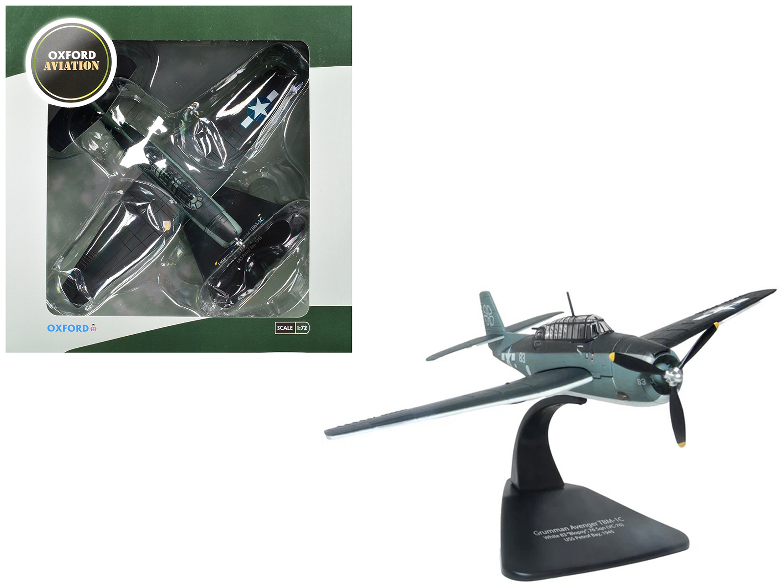 Grumman Avenger TBM-1C Aircraft "White 83 Blopsy VC-76 Petrof Bay" (1945) United States Navy "Oxford Aviation" 1/72 Diecast Model Airplane by Oxford Diecast
