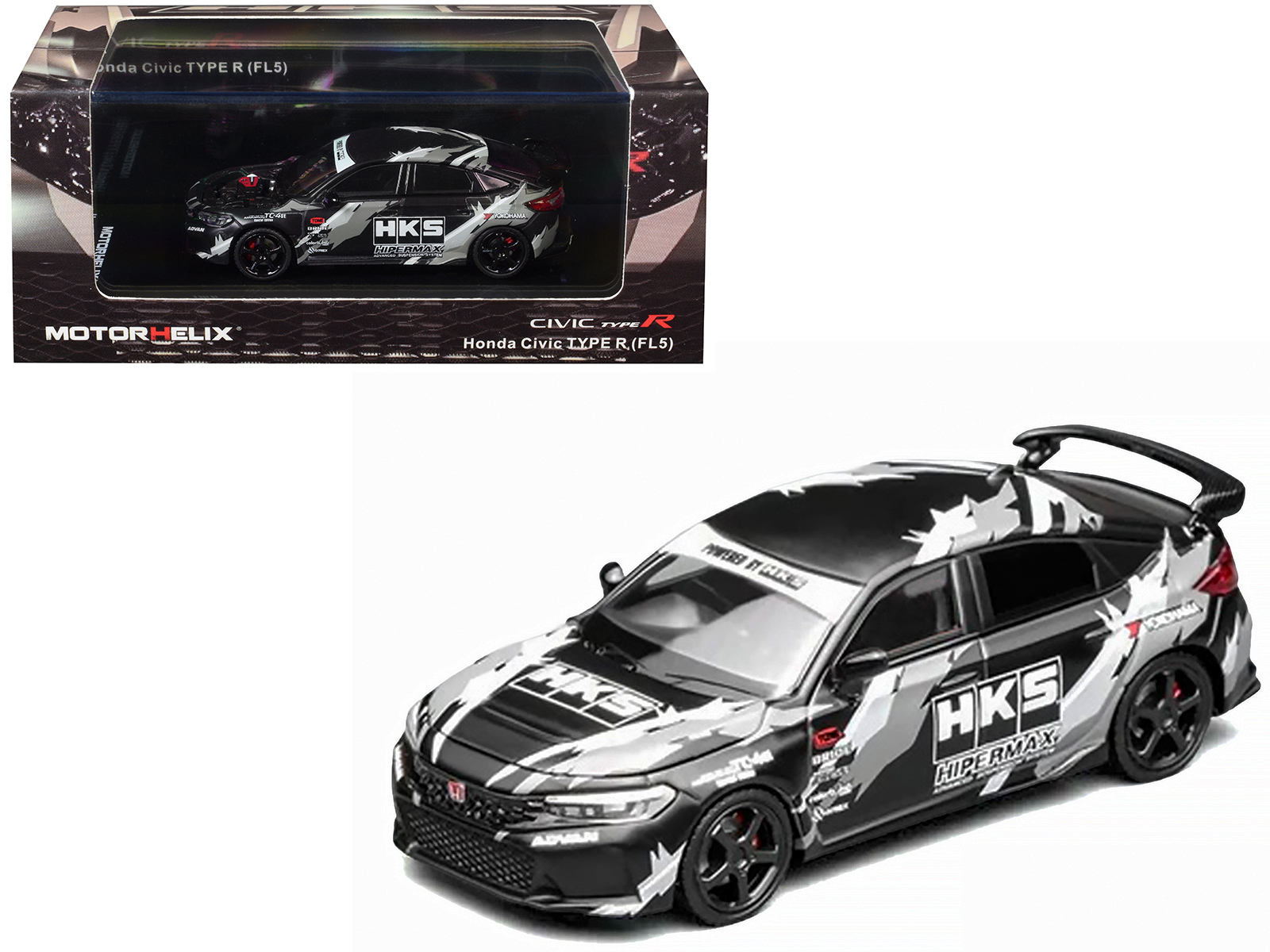 Honda Civic Type R (FL5) RHD (Right Hand Drive) "HKS" Matt Black with Graphics 1/64 Diecast Model Car by MotorHelix