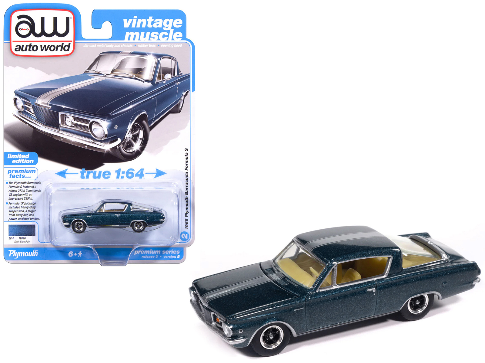 1965 Plymouth Barracuda Formula S Dark Blue Metallic with Silver Stripe "Vintage Muscle" Series 1/64 Diecast Model Car by Auto World