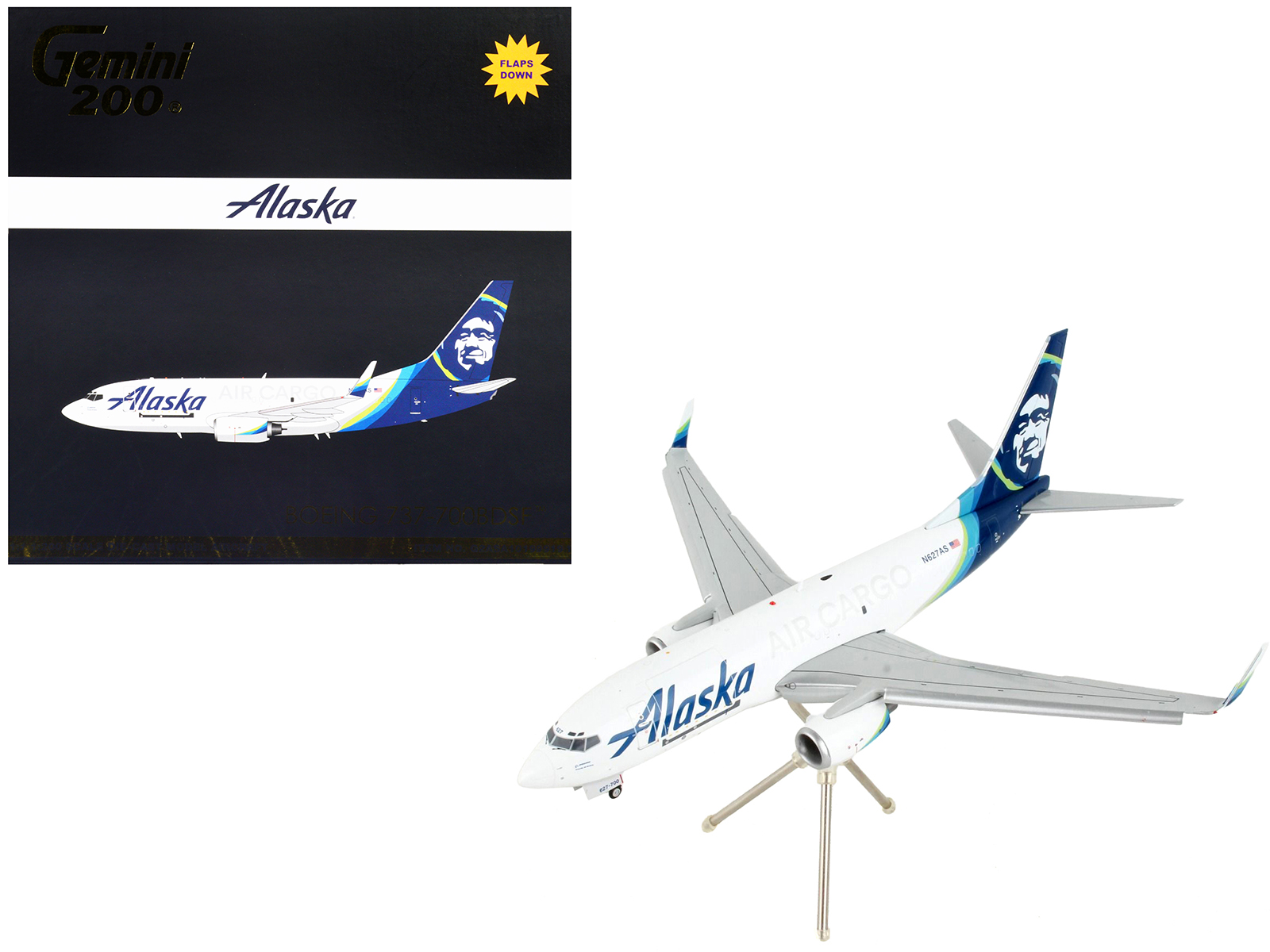 Boeing 737-700BDSF Commercial Aircraft with Flaps Down "Alaska Air Cargo" White with Blue Tail "Gemini 200" Series 1/200 Diecast Model Airplane by GeminiJets