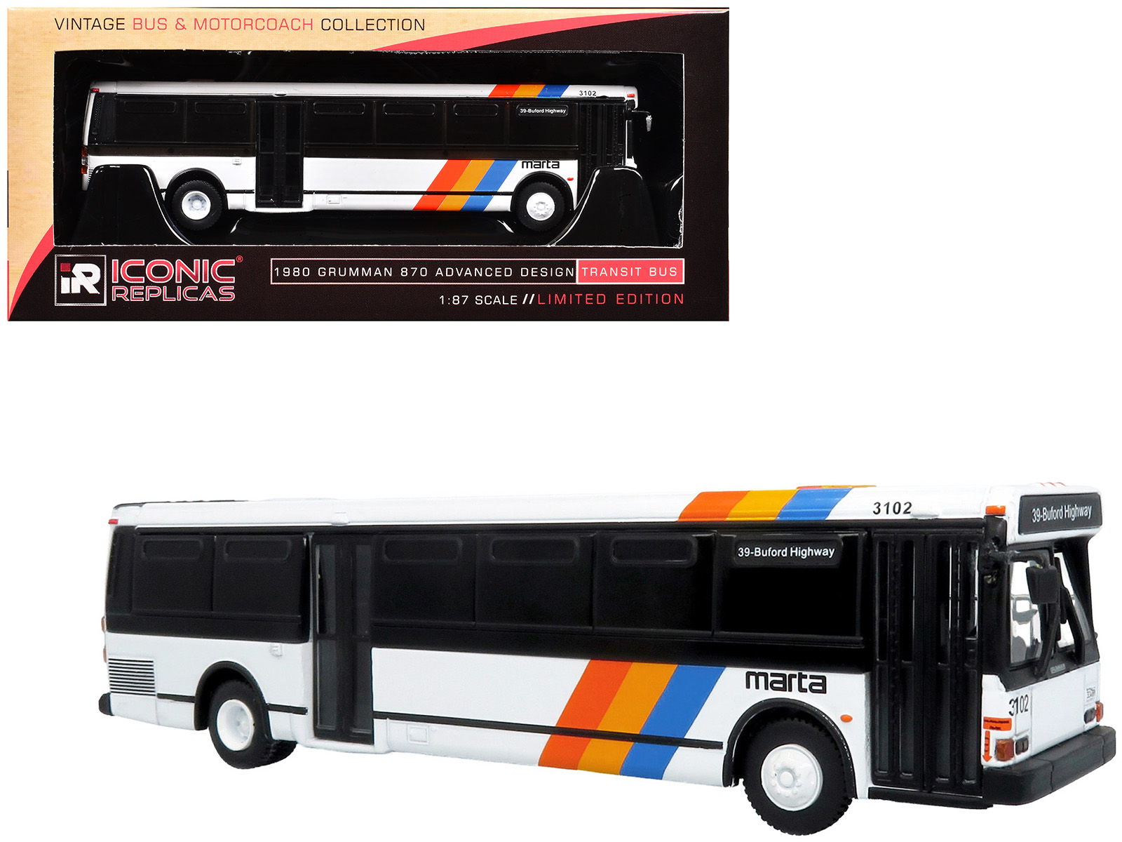 1980 Grumman 870 Advanced Design Transit Bus "MARTA Atlanta" White with Stripes "Vintage Bus & Motorcoach Collection" Limited Edition 1/87 (HO) Diecast Model by Iconic Replicas