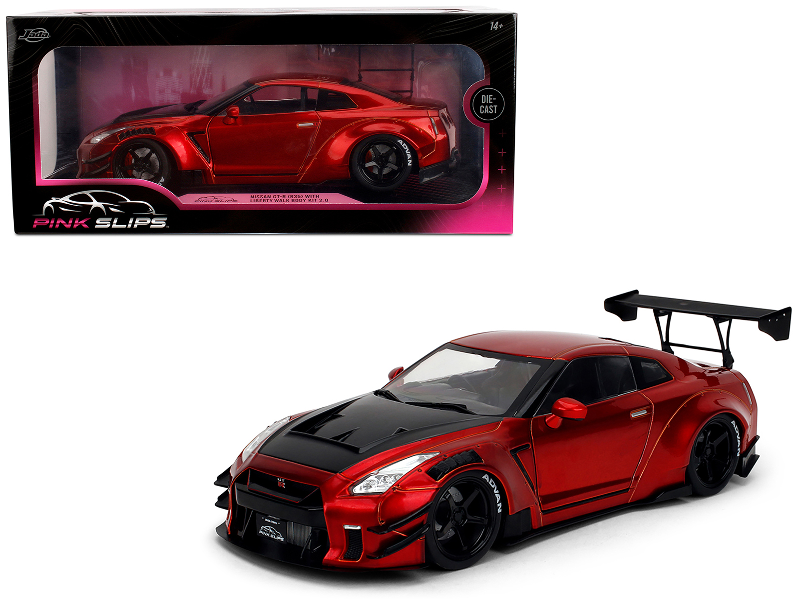 Nissan GT-R (R35) Liberty Walk Body Kit 2.0 RHD (Right Hand Drive) Red Metallic with Carbon Hood "Pink Slips" Series 1/18 Diecast Model Car by Jada