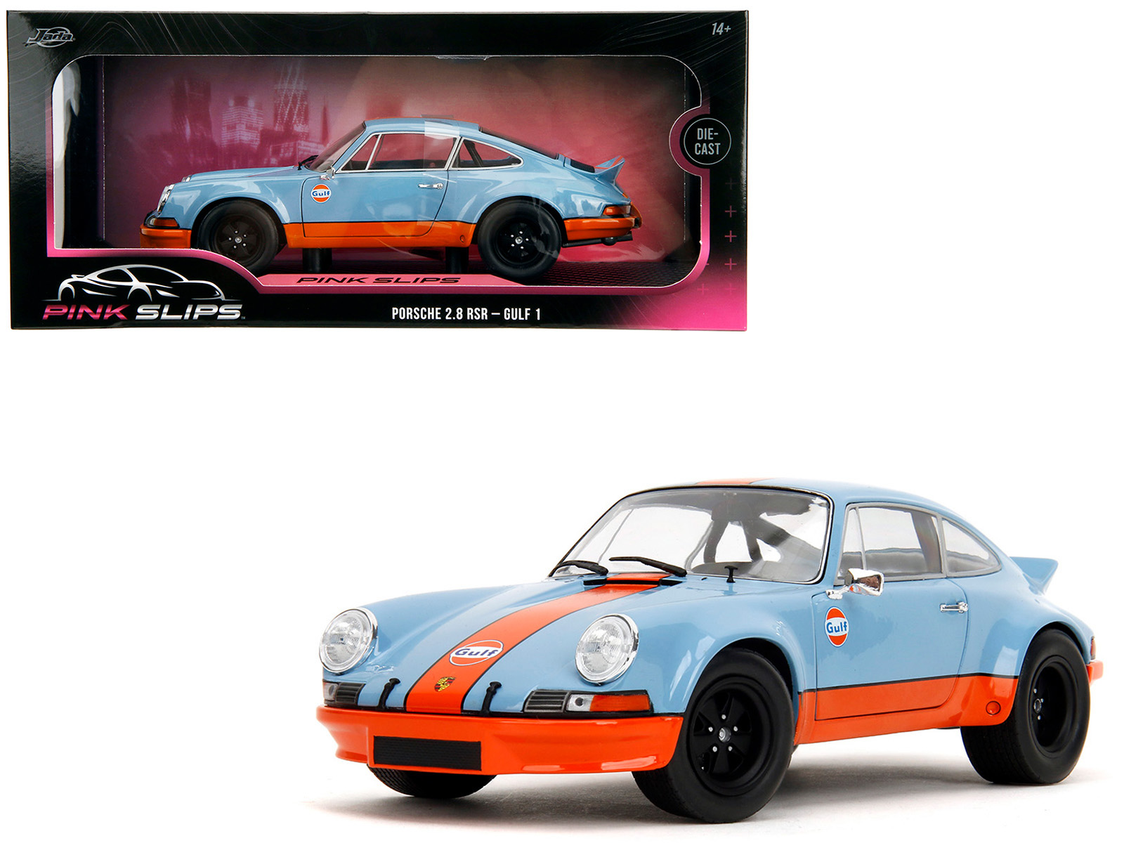 Porsche 911 RSR "Gulf Oil" Light Blue with Orange Stripes "Pink Slips" Series 1/18 Diecast Model Car by Jada
