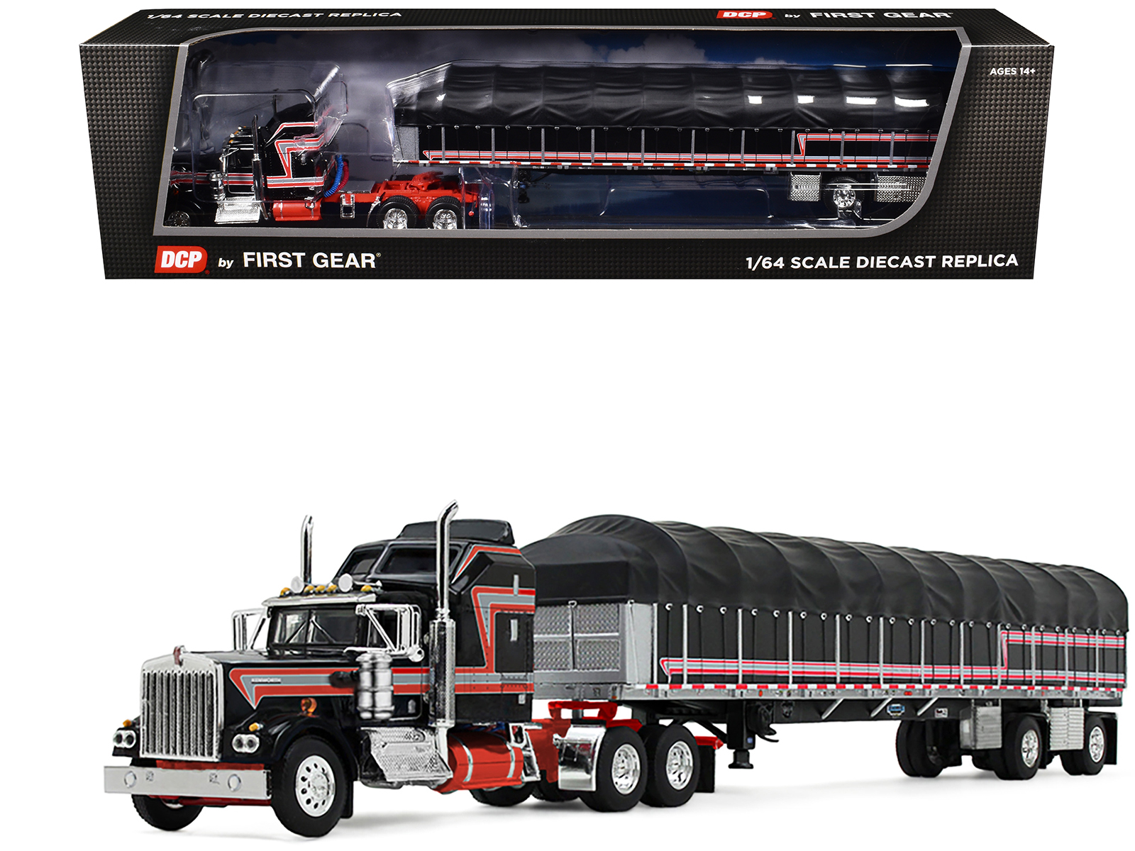 Kenworth W900A with 60" Aerodyne Sleeper and 53’ Wilson Roadbrute Flatbed Trailer with Covered Wagon Black with Red Stripes 1/64 Diecast Model by DCP/First Gear