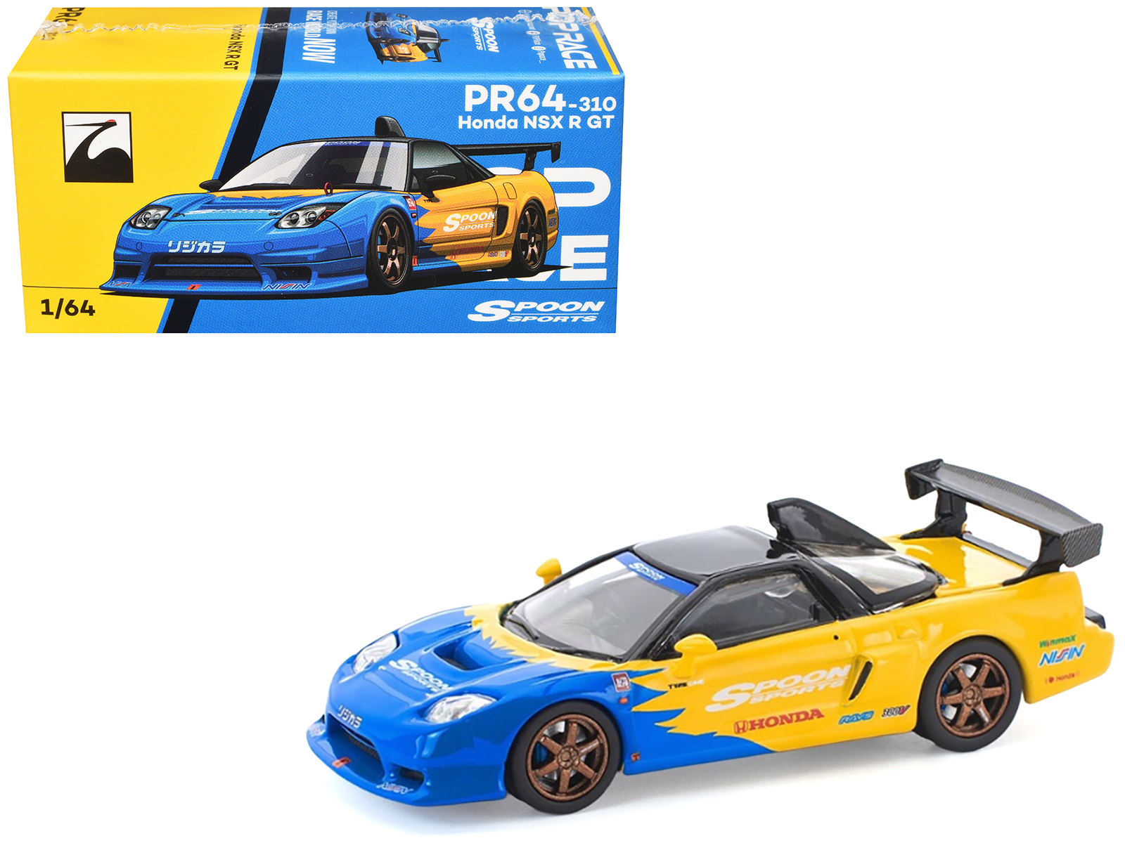 Honda NSX-R GT RHD (Right Hand Drive) "Spoon Sports" Blue and Yellow with Black Top 1/64 Diecast Model Car by Pop Race