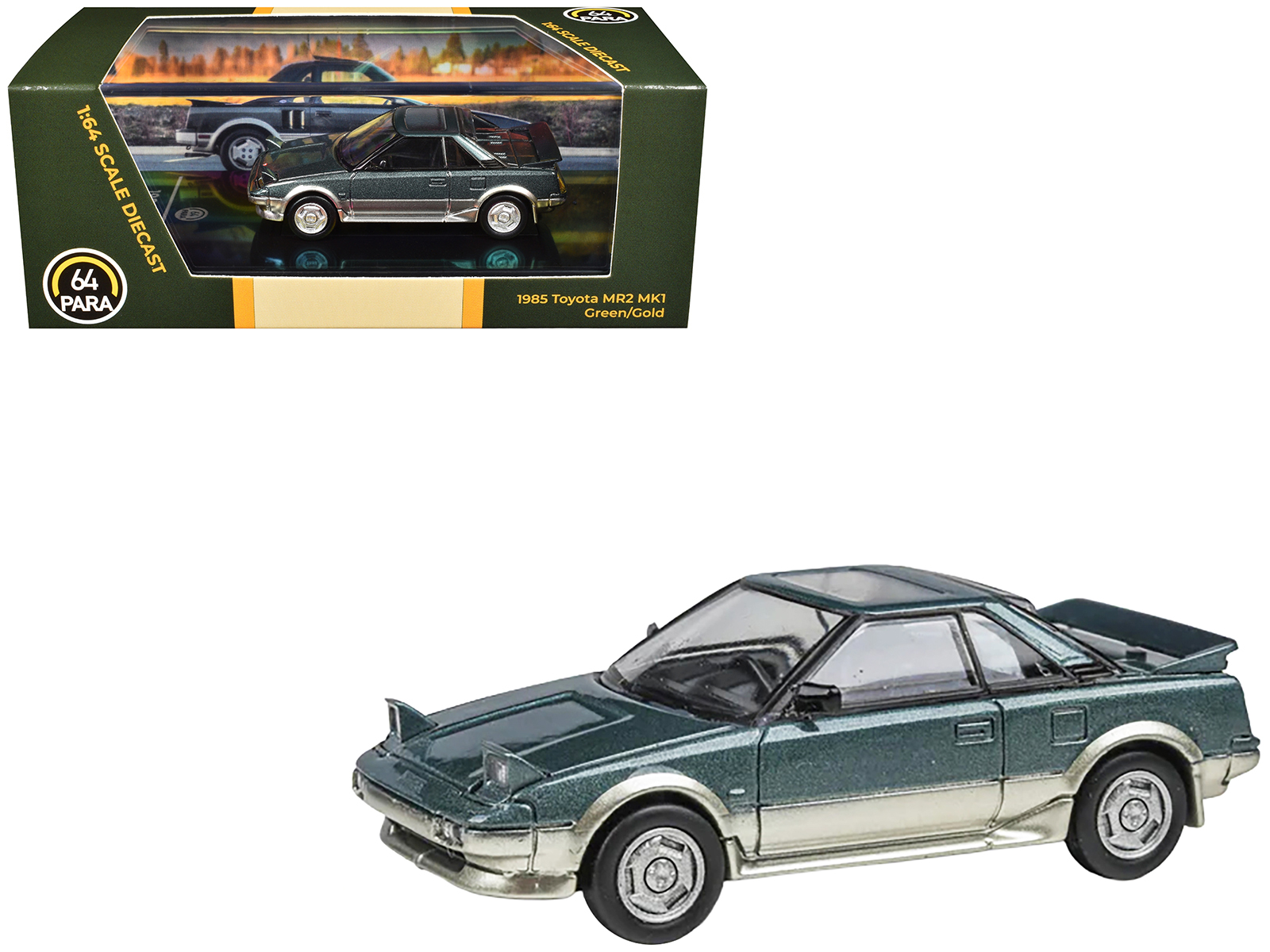 1985 Toyota MR2 MK1 Green Metallic and Gold with Sunroof 1/64 Diecast Model Car by Paragon Models