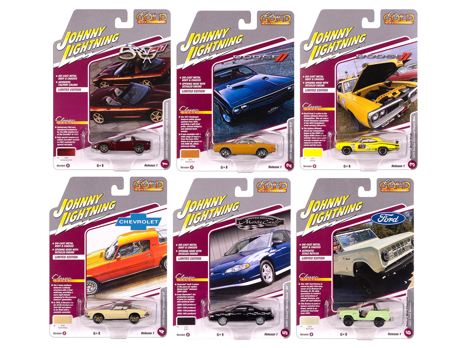 "Classic Gold Collection" 2025 Release 1 Set B of 6 Cars 1/64 Diecast Model Cars by Johnny Lightning