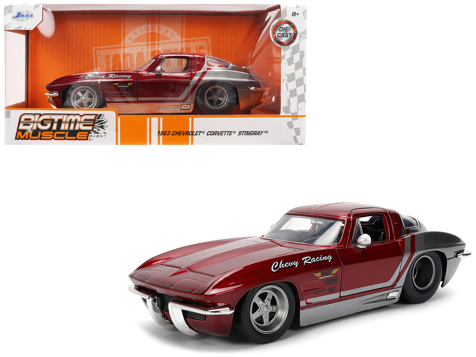 1963 Chevrolet Corvette Stingray "Chevy Racing" Red Metallic and Gray "Bigtime Muscle" Series 1/24 Diecast Model Car by Jada
