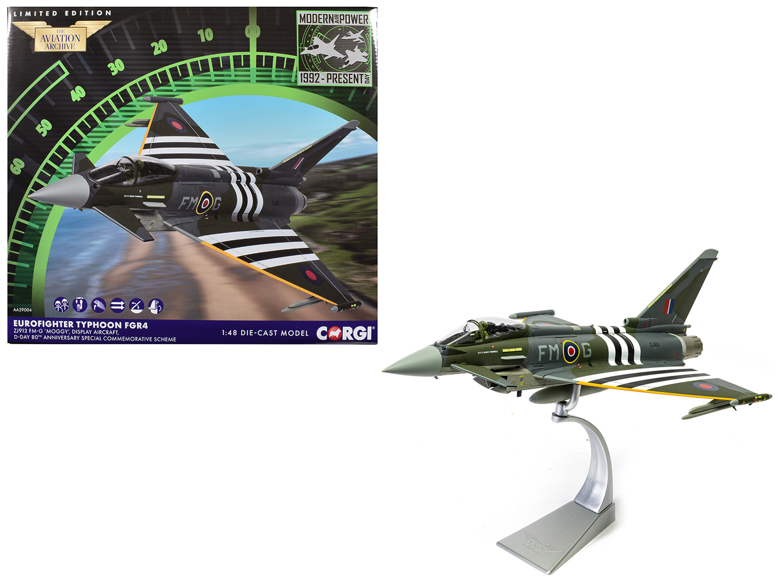 Eurofighter Typhoon FGR4 Fighter Aircraft "ZJ913 FM-G Moggy D-Day 80th Anniversary Display Scheme" (2024) Royal Air Force "The Aviation Archive" Series 1/48 Diecast Model by Corgi