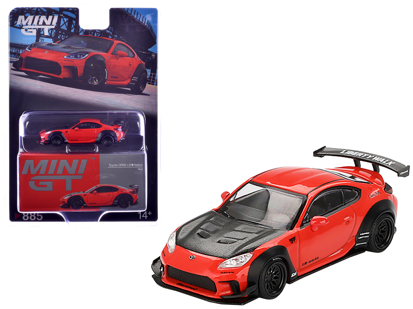 Toyota GR86 "LB-Nation - Liberty Walk" Red with Carbon Hood Limited Edition 1/64 Diecast Model Car by Mini GT