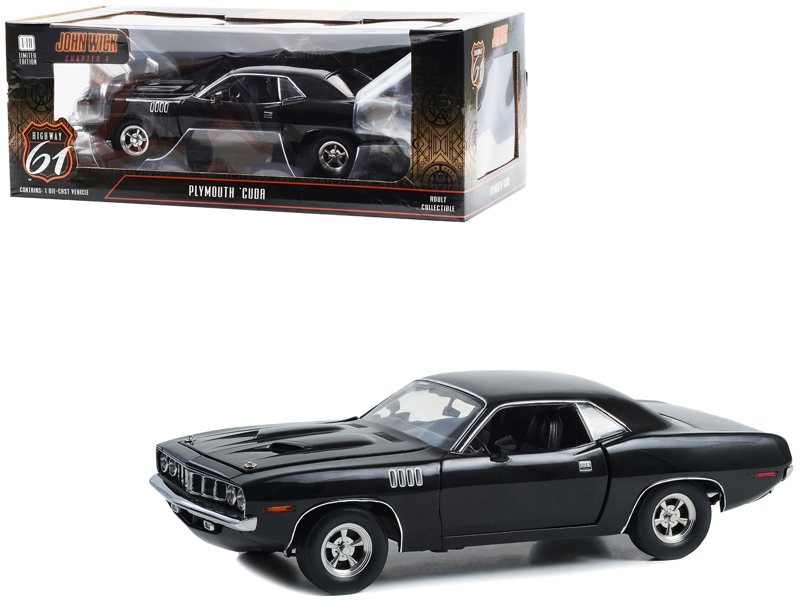 Plymouth Barracuda Black "John Wick: Chapter 4" (2023) Movie 1/18 Diecast Model Car by Highway 61