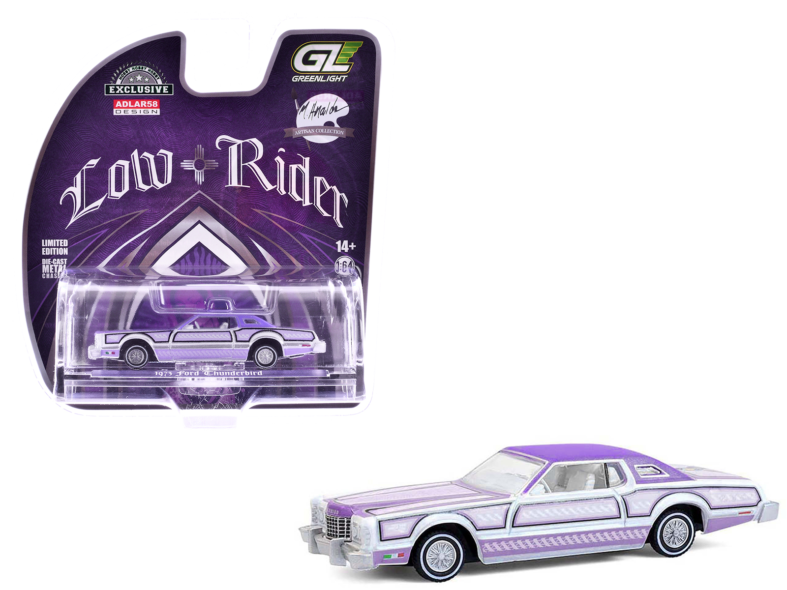 1973 Ford Thunderbird Lowrider "Michael Heralda Special Edition" Purple Metallic with Graphics and White Interior "Hobby Exclusive" Series 1/64 Diecast Model Car by Greenlight