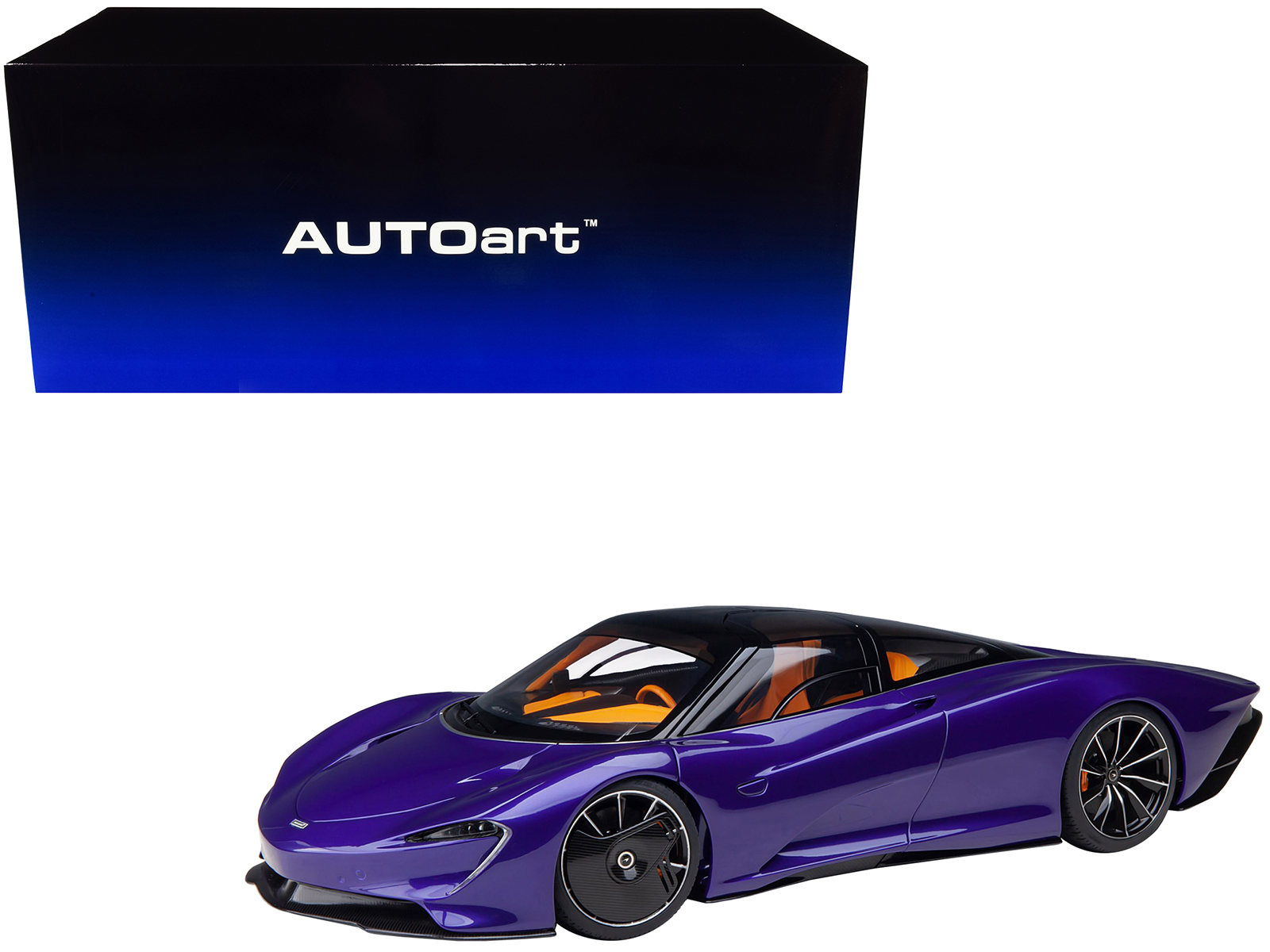 McLaren Speedtail Lantana Purple Metallic with Black Top and Yellow Interior and Suitcase Accessories 1/18 Model Car by Autoart