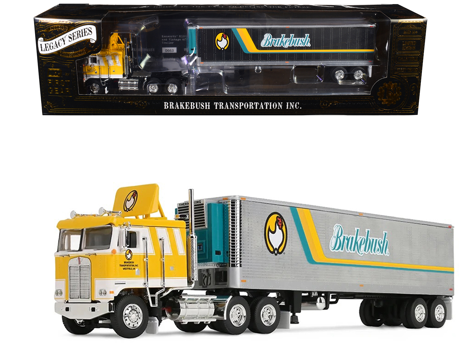 Kenworth K100 COE Flat Top and 40' Vintage Trailer with Reefer "Brakebush" Yellow with White Grpahics "Legacy Series #6" 1/64 Diecast Model by First Gear
