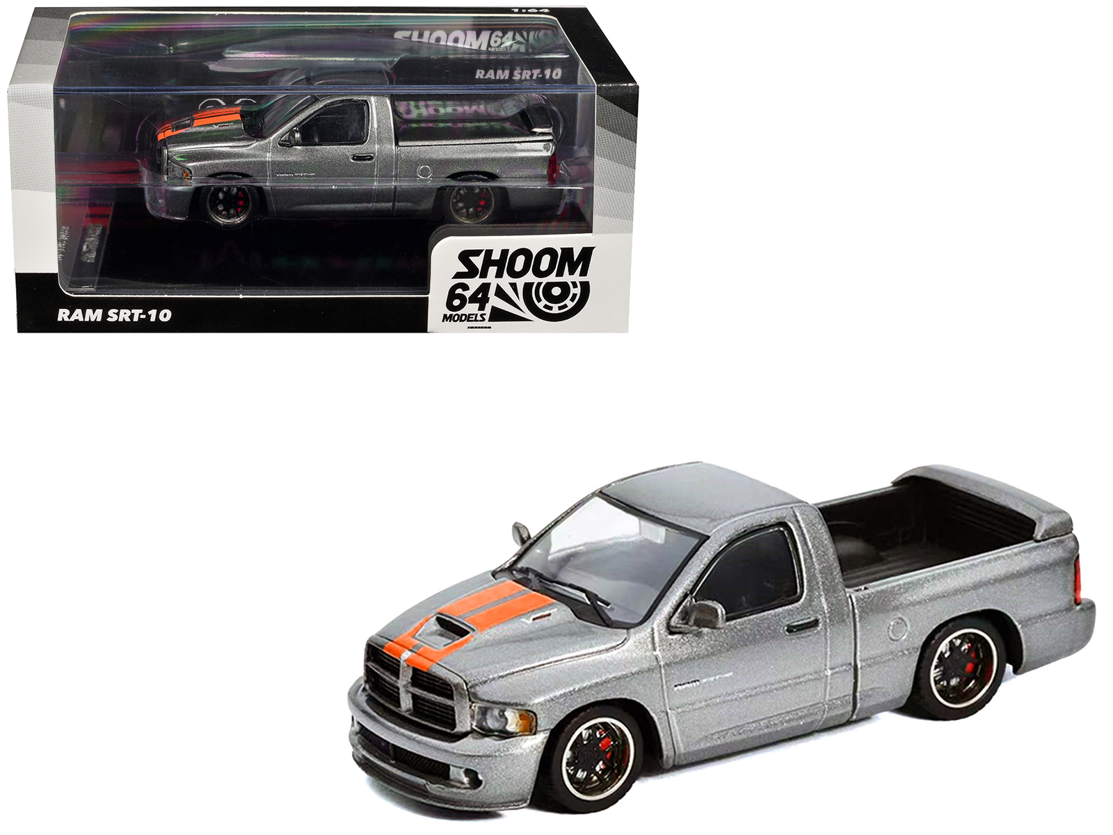 2003 Dodge Ram SRT-10 Pickup Truck Gray Metallic with Orange Stripes 1/64 Diecast Model Car by Shoom64 Models