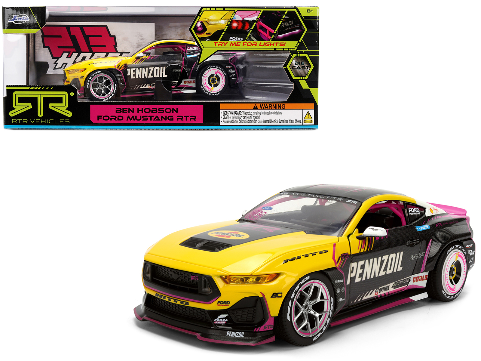 Ford Mustang RTR #213 Ben Hobson "Pennzoil" "Formula Drift PRO Championship" (2025) with Lights "RTR Vehicles" Series 1/24 Diecast Model Car by Jada