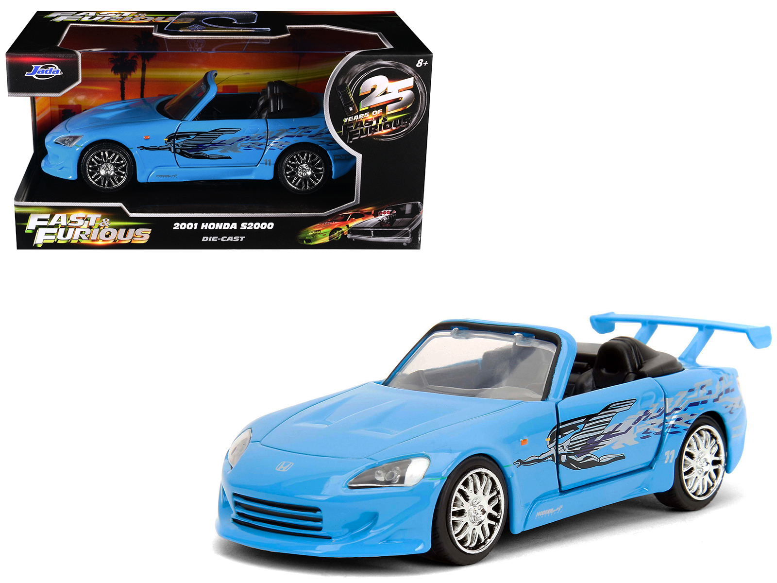 2001 Honda S2000 Convertible Blue with Graphics "Fast & Furious Remix - 25th Anniversary" Series  1/32 Diecast Model Car by Jada