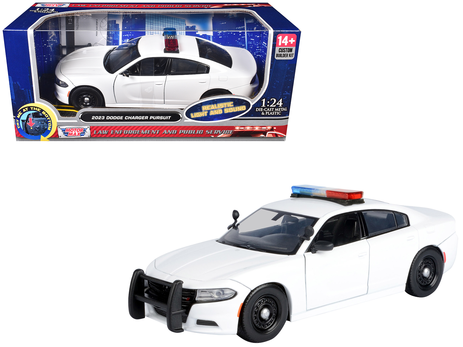 2023 Dodge Charger Pursuit Police Car Unmarked White with Flashing Light Bar Front and Rear Lights and 2 Sounds "Builder's Kit" 1/24 Diecast Model Car by Motormax