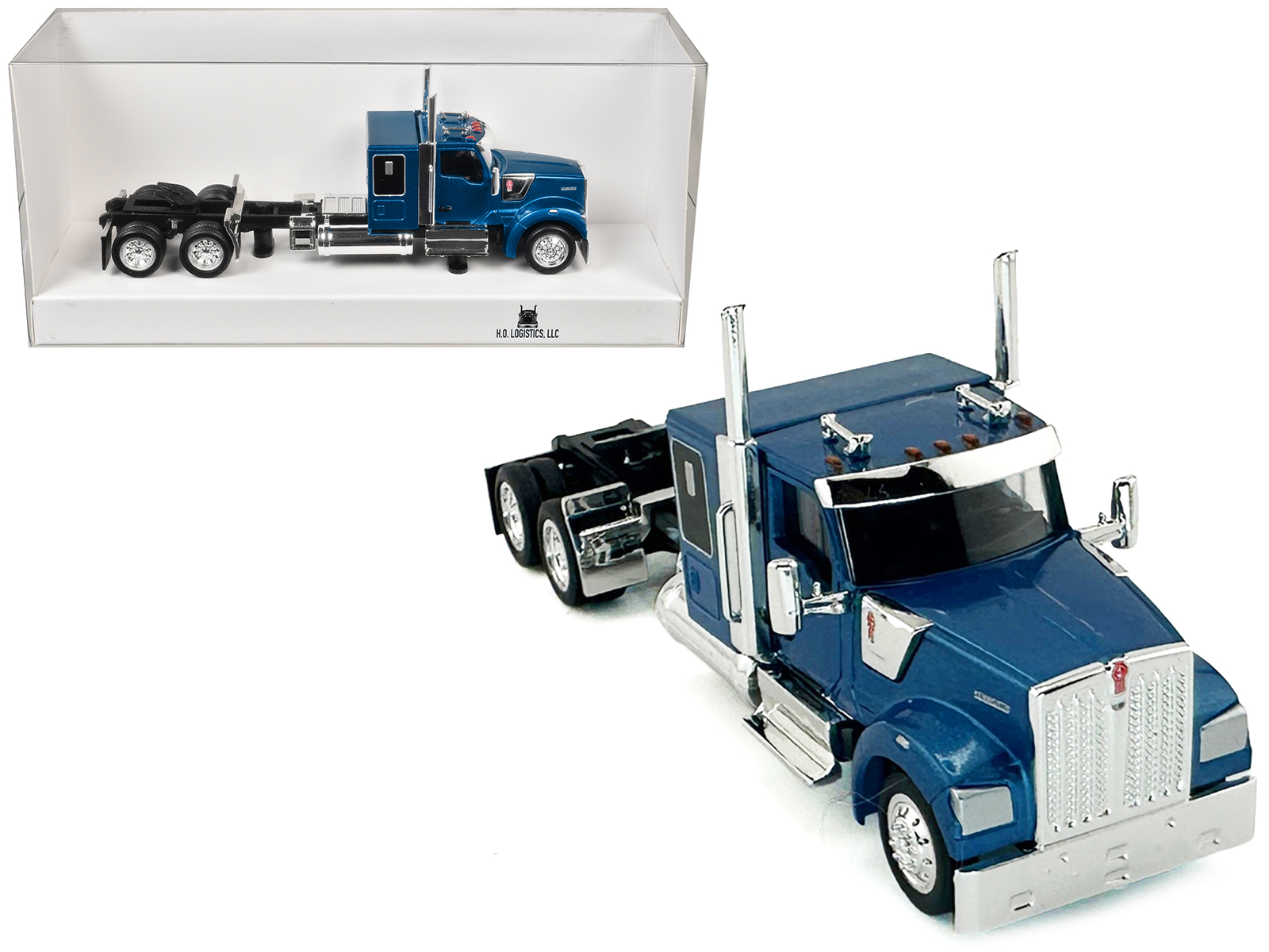 Kenworth W990 with Flat Top Sleeper Cab Blue Metallic 1/87 (HO) Plastic Model Car by HO Logistics