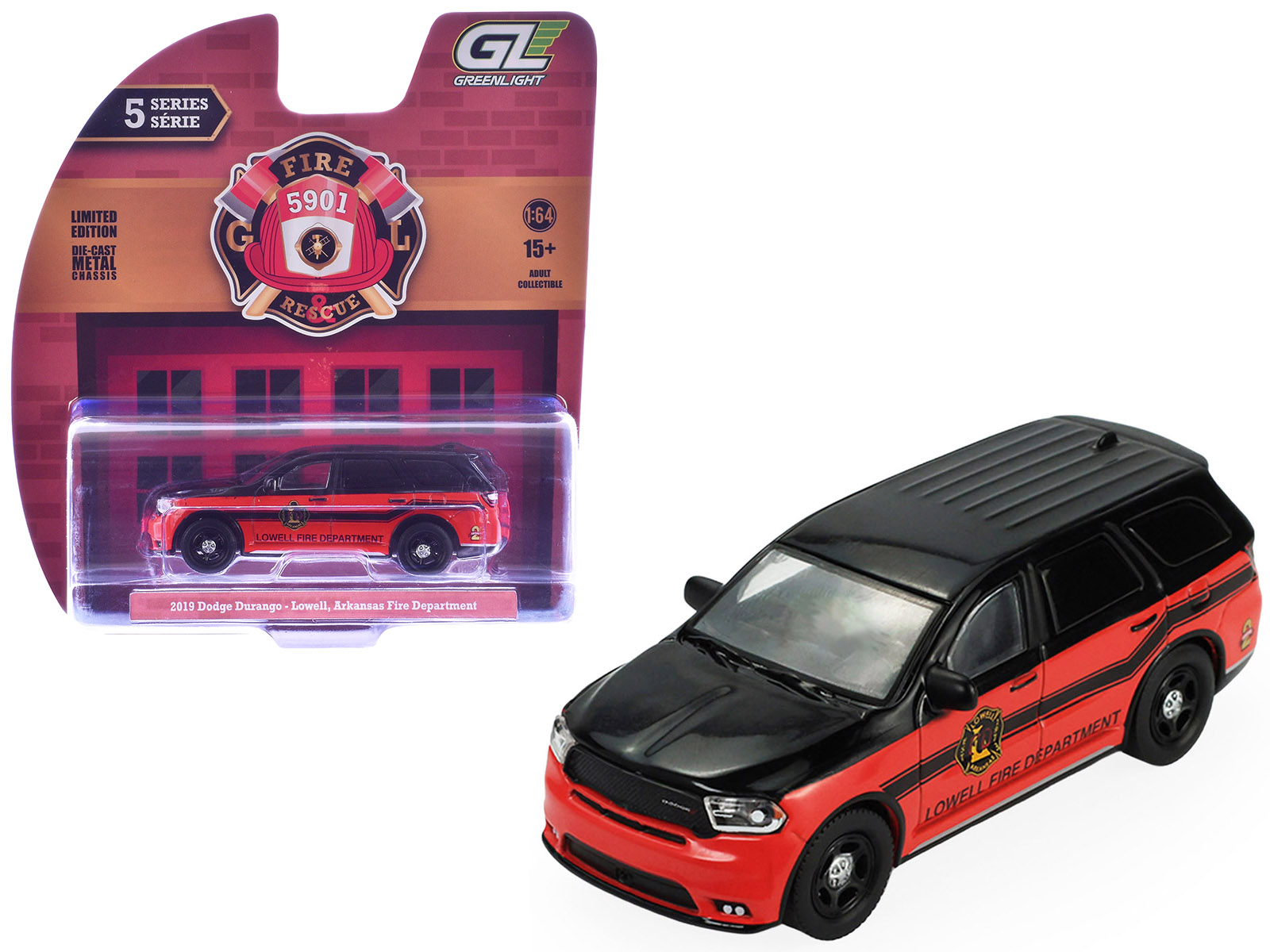 2019 Dodge Durango "Lowell Arkansas Fire Department" Red and Black with Black Stripes "Fire & Rescue" Series #5 1/64 Diecast Model Car by Greenlight
