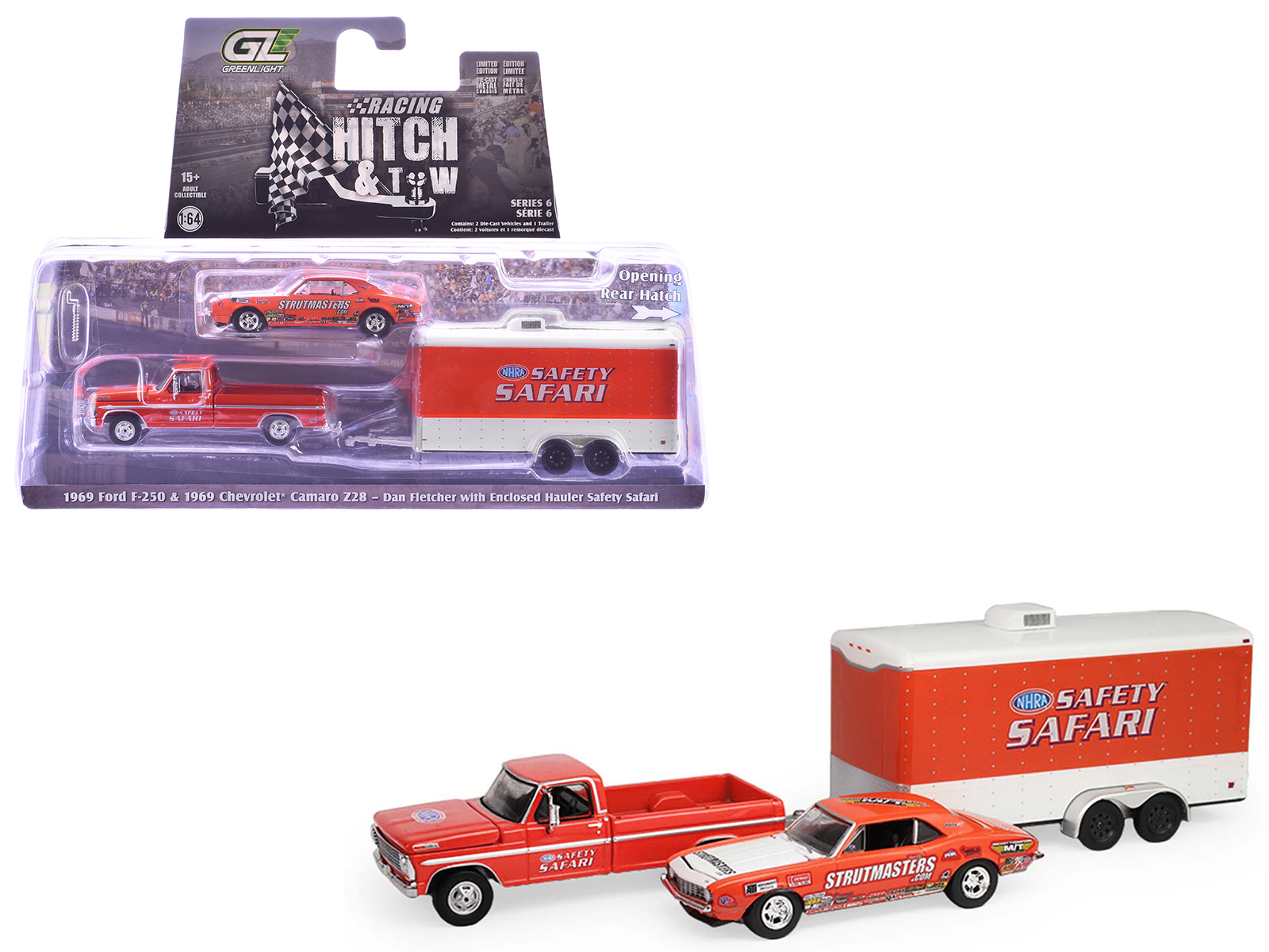 1969 Ford F-250 Pickup Truck Red and 1969 Chevrolet Camaro Z28 "Dan Fletcher" Orange with White Hood "NHRA Safety Team" with Enclosed Car Trailer "Racing Hitch & Tow" Series 6 1/64 Diecast Model Cars by Greenlight