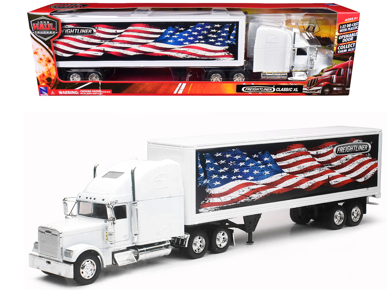 Freightliner Classic XL Truck White with Dry Van Trailer White with Patriotic Graphic "Long Haul Truckers" Series 1/32 Diecast Model by New Ray