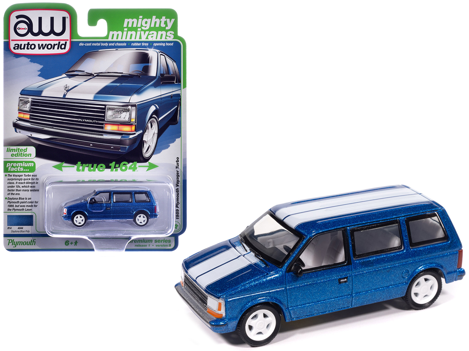 1989 Plymouth Voyager Turbo Van Daytona Blue Metallic with White Stripes and Interior "Mighty Minivans" Series 1/64 Diecast Model Car by Auto World