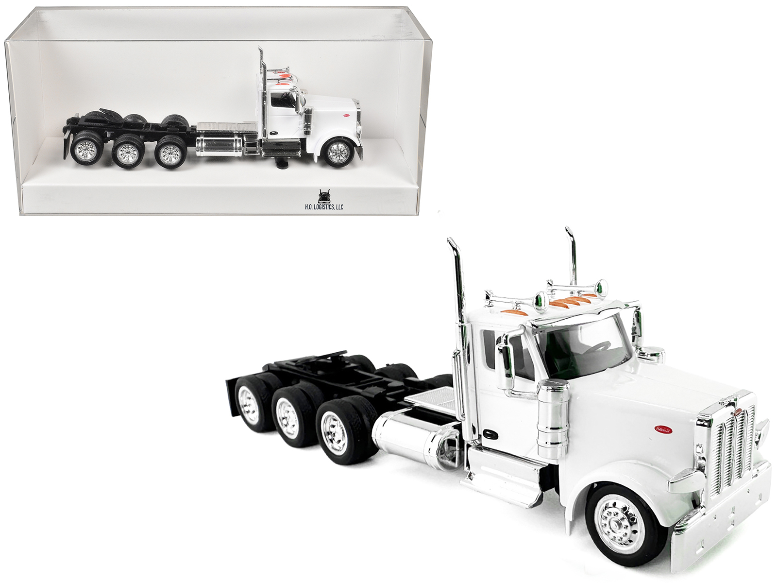 Peterbilt 589 3-Axel Day Cab White 1/87 (HO) Plastic Model Car by HO Logistics