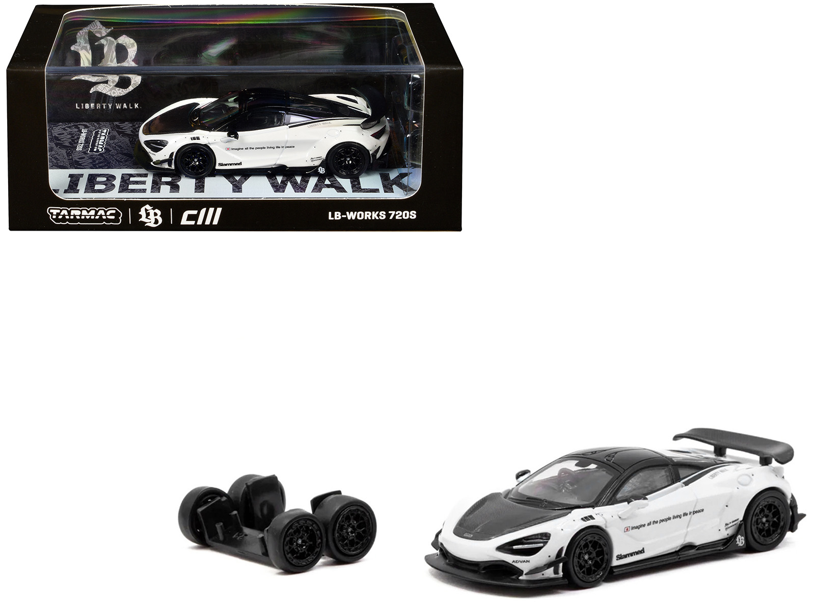 LB-Works 720S White with Carbon Hood and Black Top with Extra Wheels "Hobby64" Series 1/64 Diecast Model Car by Tarmac Works