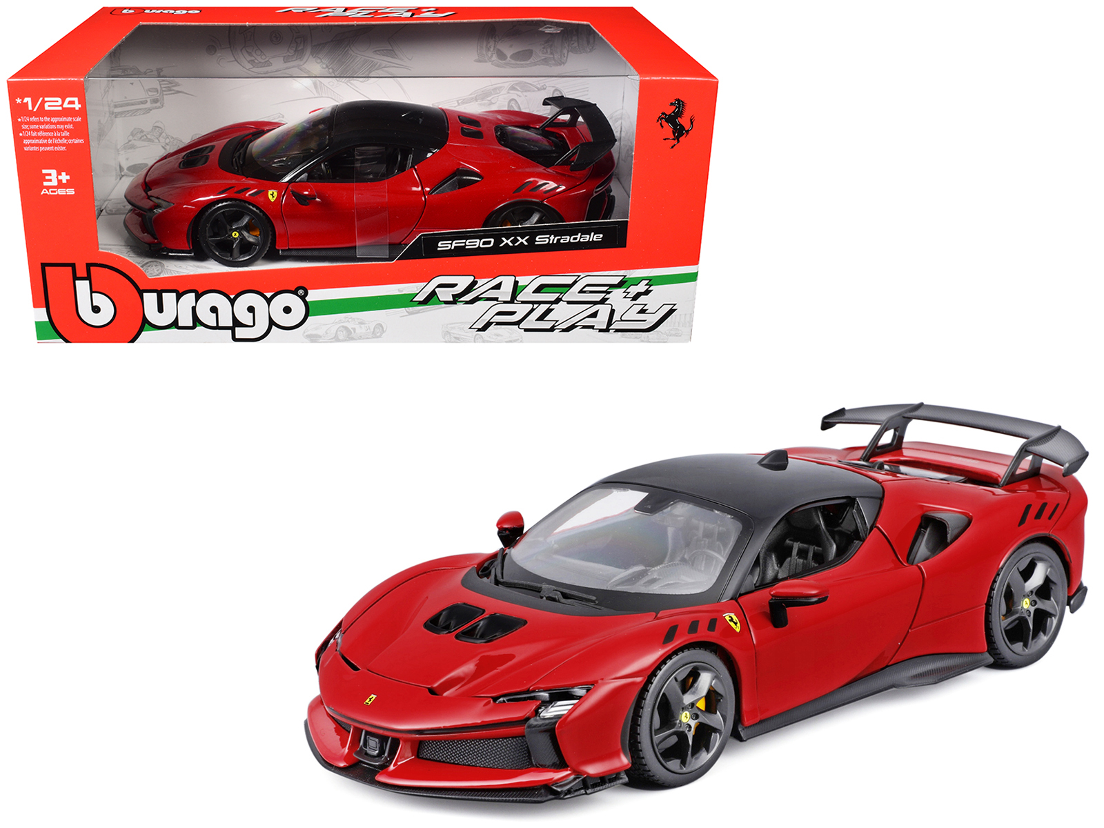 Ferrari SF90 XX Stradale Red with Black Top "Race and Play" Series 1/24 Diecast Model Car by Bburago