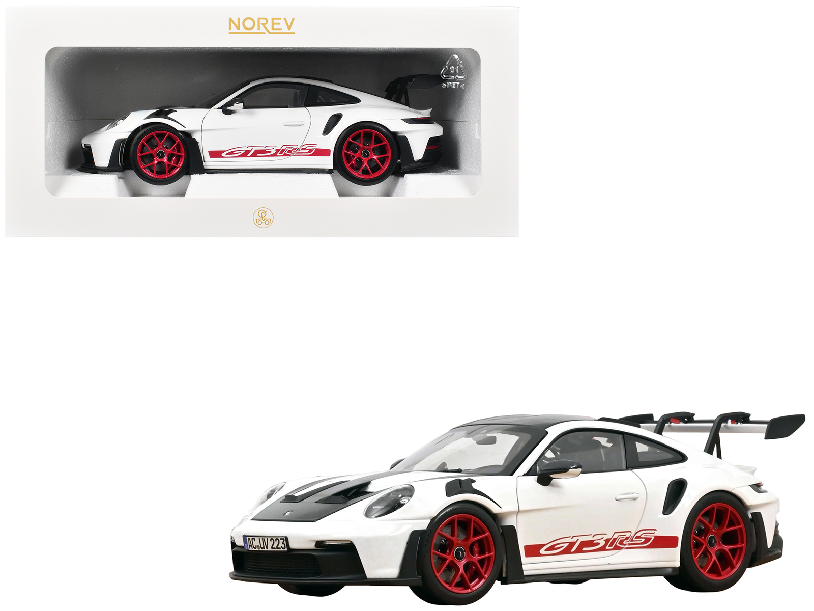 2022 Porsche 911 GT3 RS with Weissach Pack White with Carbon Hood and Top and Pyro Red Stripes and Wheels 1/18 Diecast Model Car by Norev