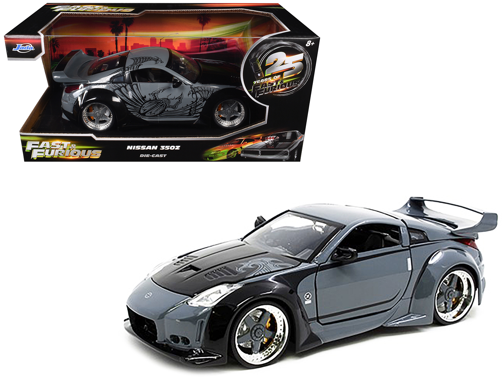 D.K.'s Nissan 350Z Gray and Black with Graphics "Fast & Furious 25th Anniversary" Series 1/24 Diecast Model Car by Jada