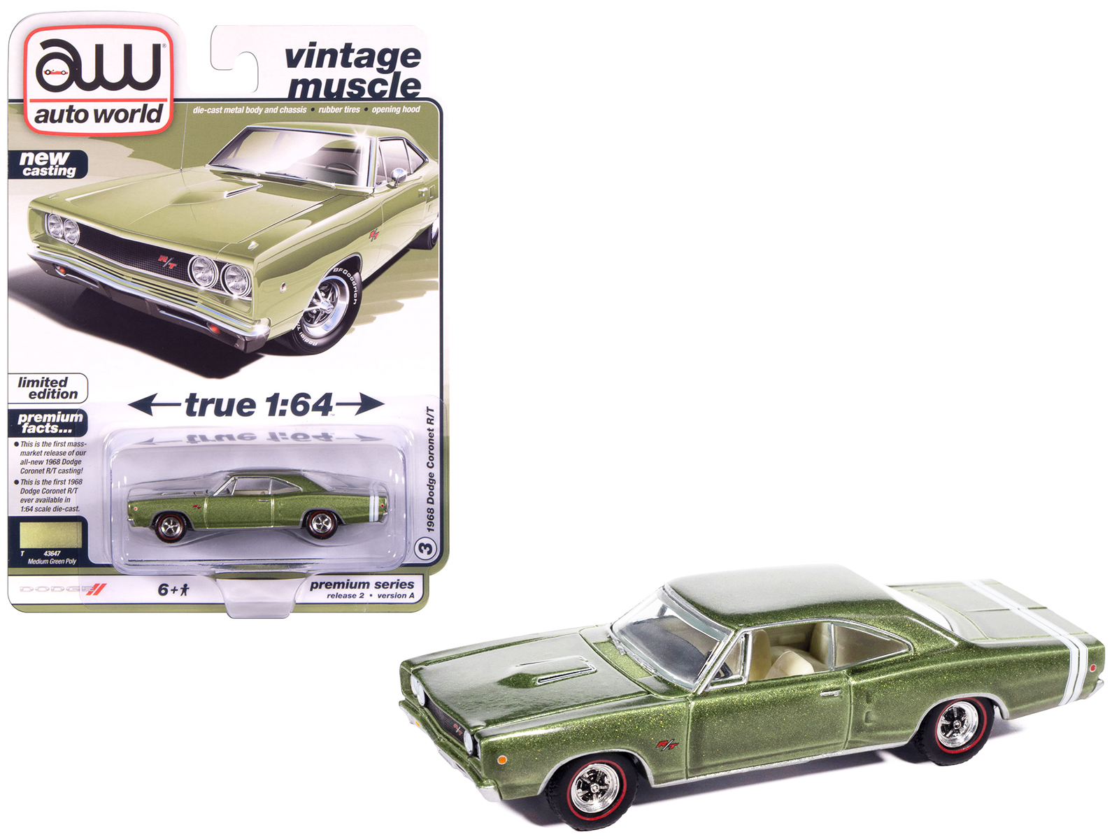 1968 Dodge Coronet R/T Medium Green Metallic with White Interior "Vintage Muscle" Series 1/64 Diecast Model Car by Auto World