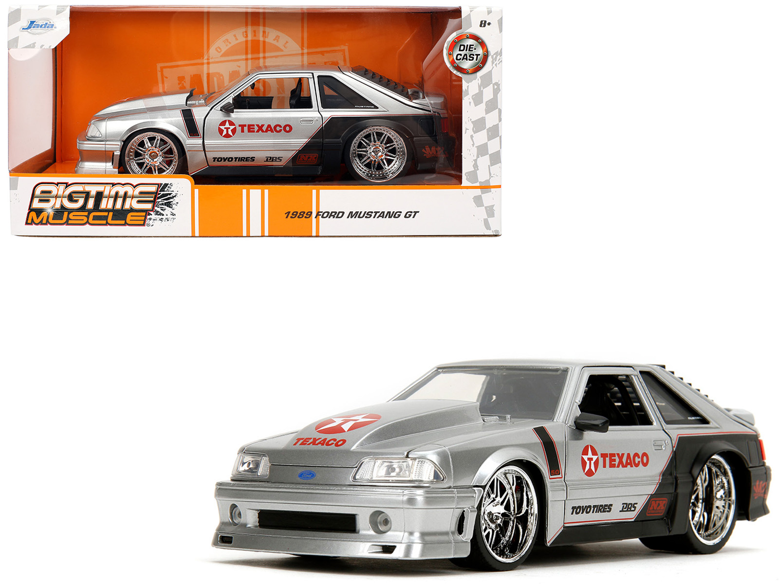 1989 Ford Mustang GT "Texaco" Silver Metallic and Matt Black "Bigtime Muscle" Series 1/24 Diecast Model Car by Jada