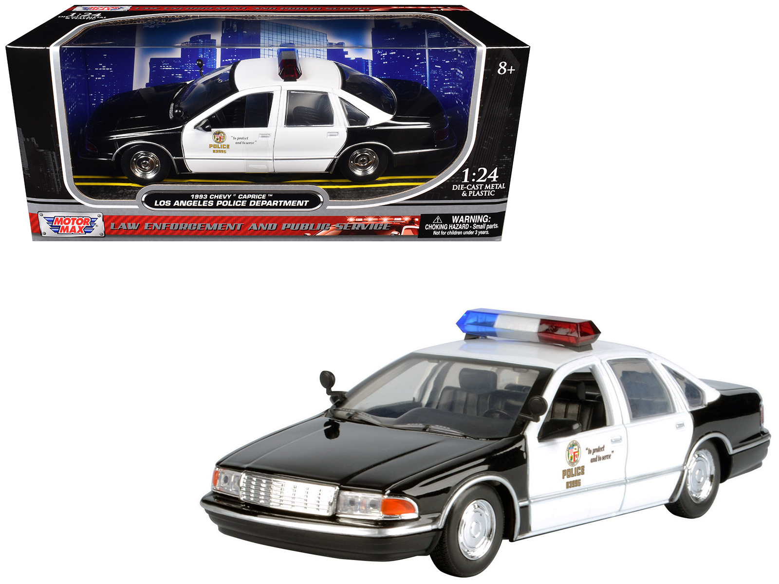 1993 Chevrolet Caprice Police Car "LAPD (Los Angeles Police Department)" Black and White "Law Enforcement and Public Service" Series 1/24 Diecast Model Car by Motormax