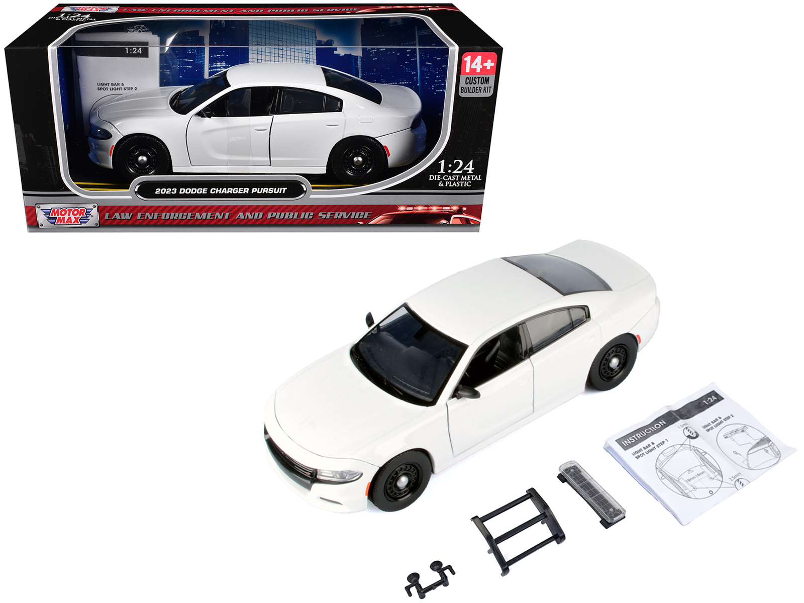 2023 Dodge Charger Pursuit Police Car White "Custom Builder's Kit - Law Enforcement and Public Service" Series 1/24 Diecast Model Car by Motormax
