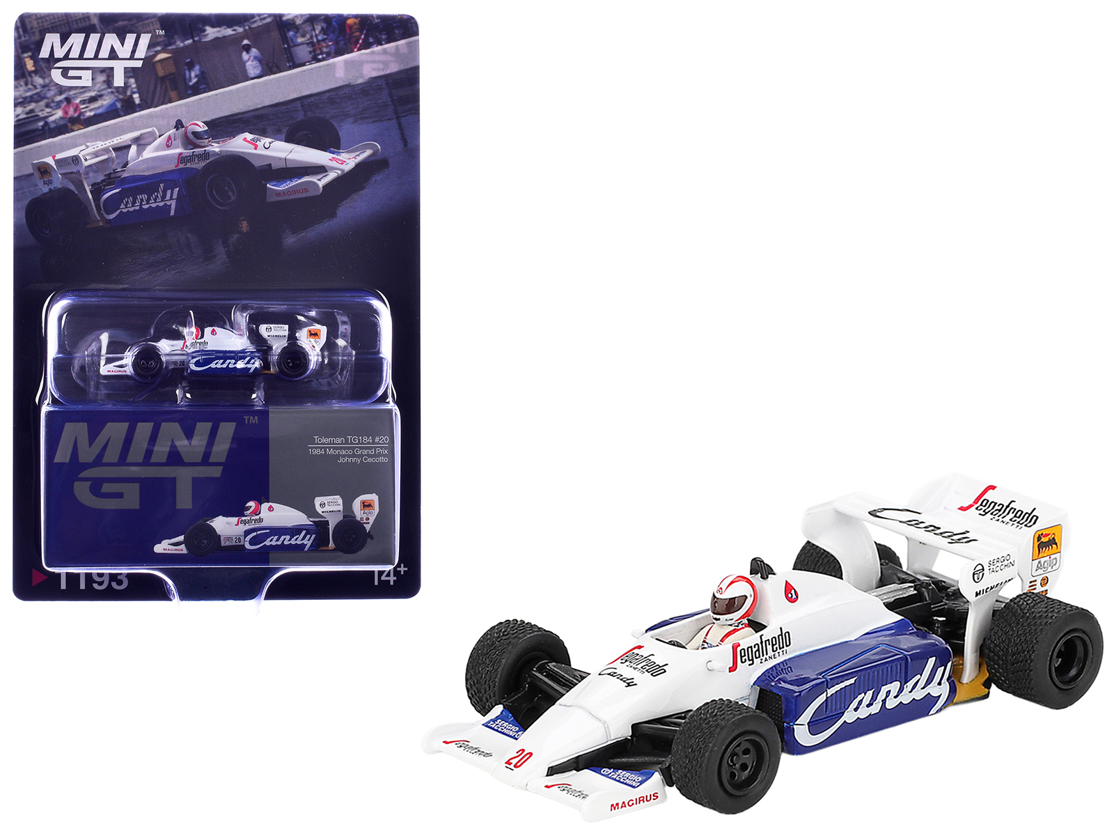 Toleman TG184 #20 Johnny Cecotto Formula One F1 "Monaco GP" (1984) with Driver Figure Limited Edition 1/64 Diecast Model Car by Mini GT