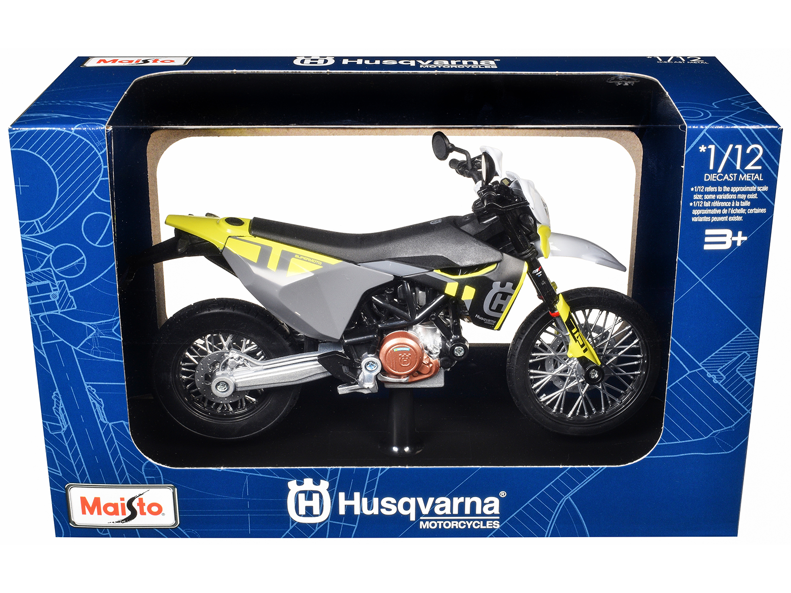 2023 Husqvarna 701 Supermoto Motorcycle Matt Black and Gray with Yellow and White Accents with Display Base 1/12 Diecast Model by Maisto