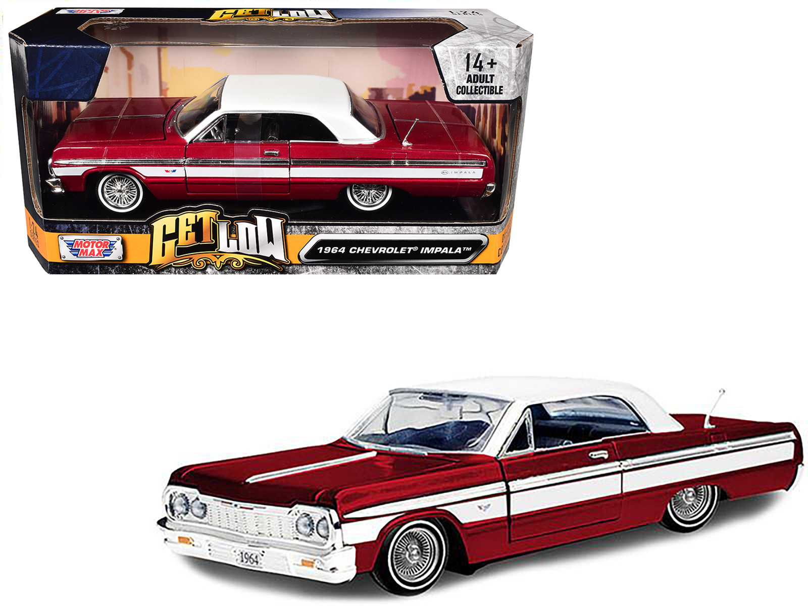 1964 Chevrolet Impala Lowrider Hard Top Candy Red Metallic with White Top "Get Low" Series 1/24 Diecast Model Car by Motormax