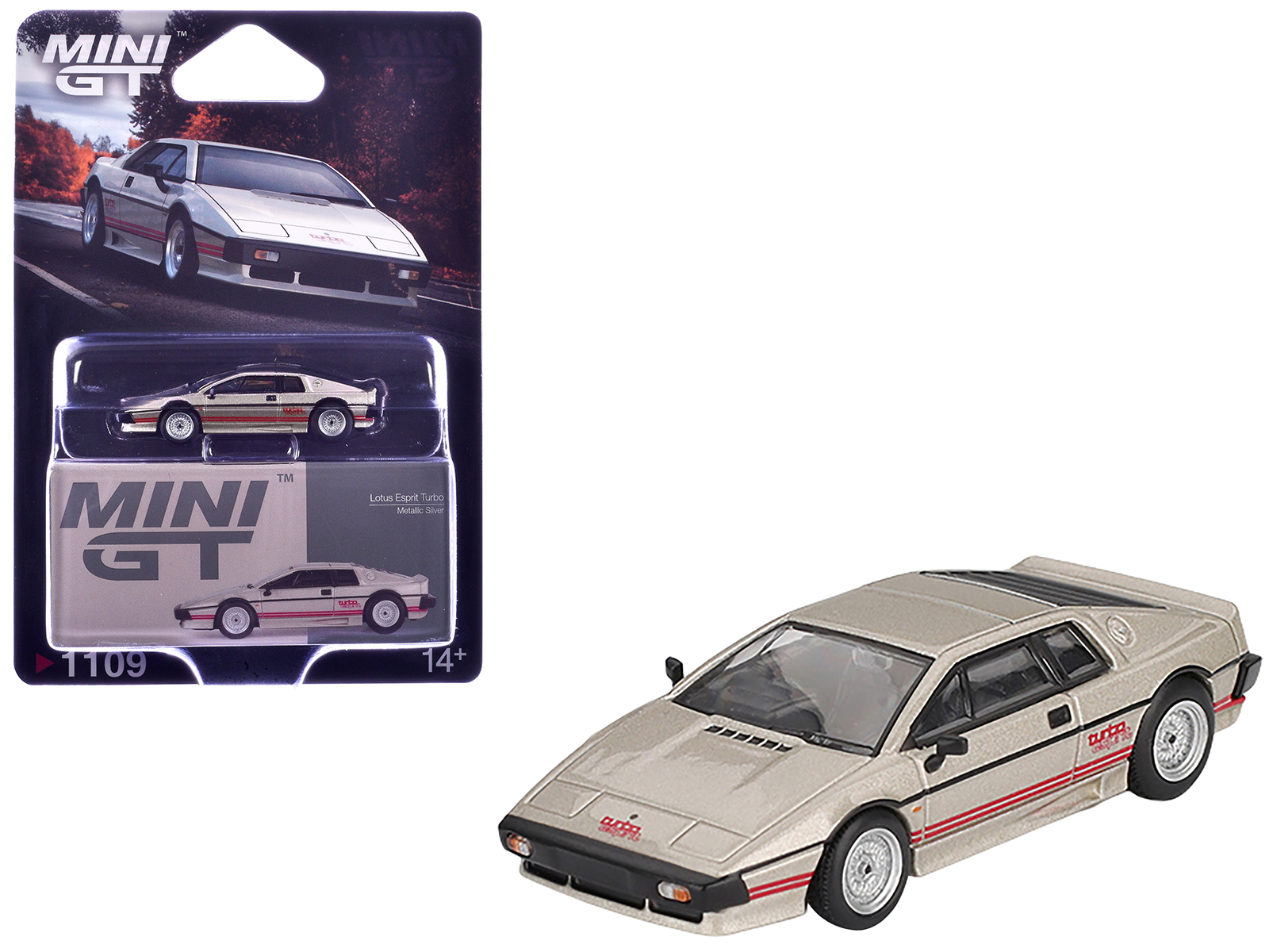 Lotus Esprit Turbo Silver Metallic with Red Stripes Limited Edition 1/64 Diecast Model Car by Mini GT