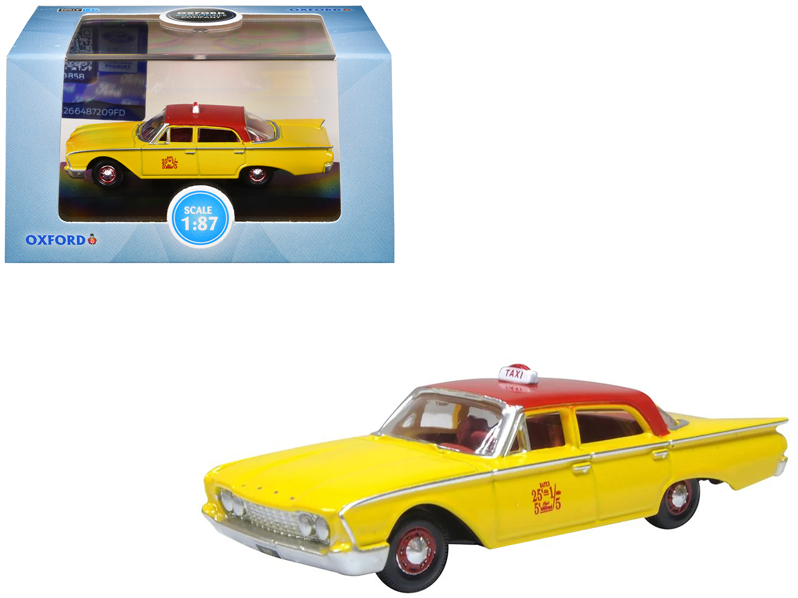 1960 Ford Fairlane Sedan "NYC Taxi" Yellow with Red Top and Interior 1/87 (HO) Scale Diecast Model Car by Oxford Diecast