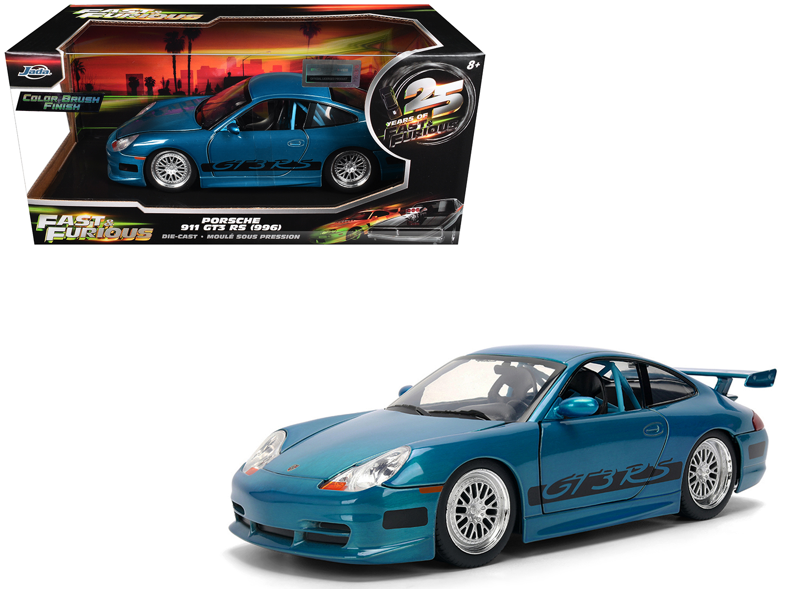 Porsche 911 GT3 RS (996) Blue Color Brush Finish "Fast Five" (2011) Movie "25 Years of Fast & Furious" Series 1/24 Diecast Model Car by Jada