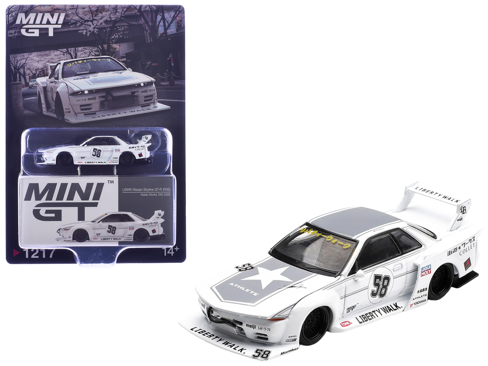 Nissan Skyline GT-R (R32) RHD (Right Hand Drive) #58 "Kaido Works" White with Gray Graphics "Tokyo Auto Salon 2025" Limited Edition 1/64 Diecast Model Car by Mini GT