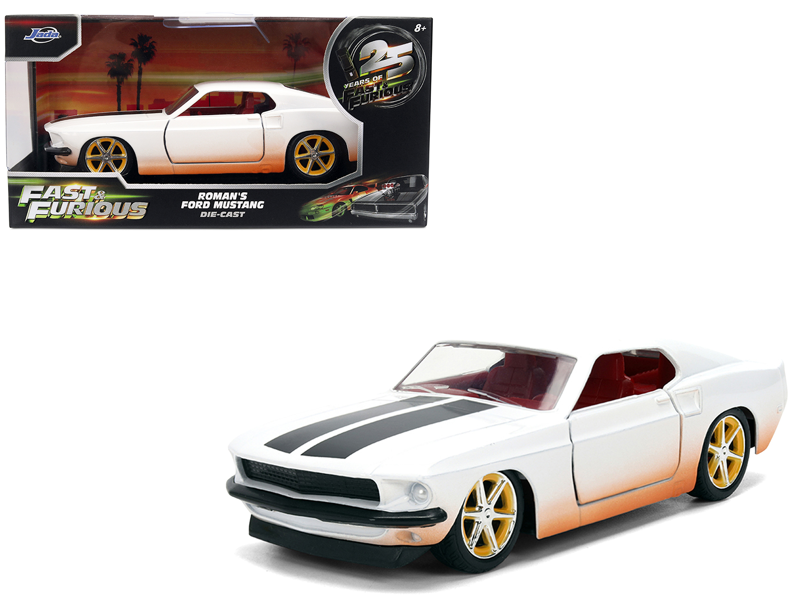 Roman's Ford Mustang White with Black Stripes and Red Interior (Dirty Version) "Fast & Furious" Movie "Fast & Furious 25th Anniversary" Series 1/32 Diecast Model Car by Jada