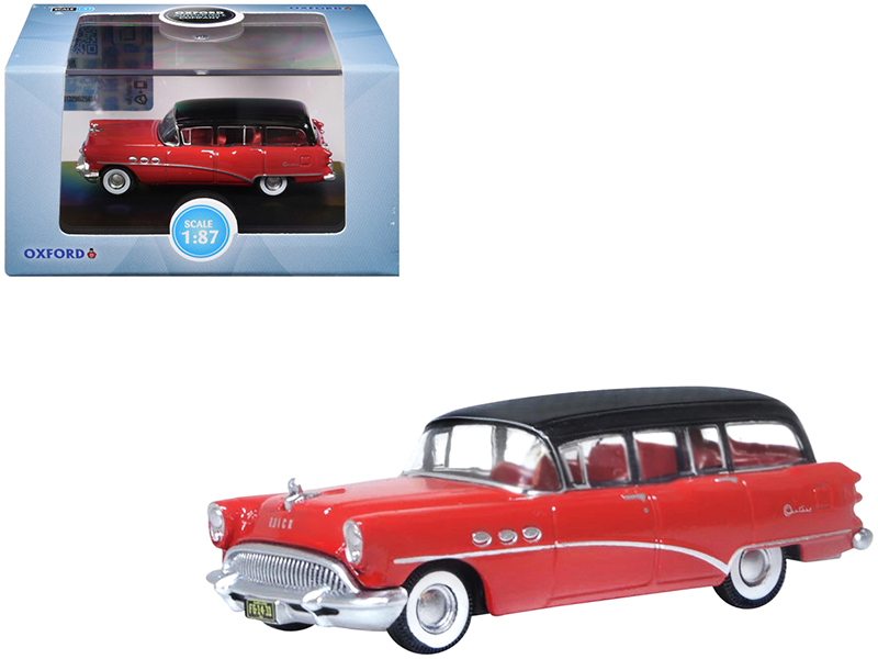 1954 Buick Century Estate Wagon Matador Red and Carlsbad Black with Red Interior 1/87 (HO) Scale Diecast Model Car by Oxford Diecast