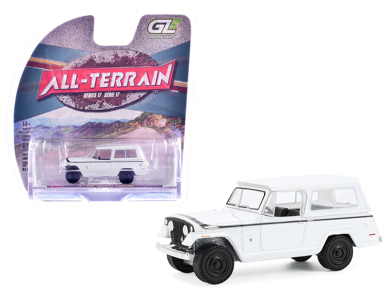 1971 Jeep Jeepster Commando White with Black Stripes "All Terrain" Series 17 1/64 Diecast Model Car by Greenlight